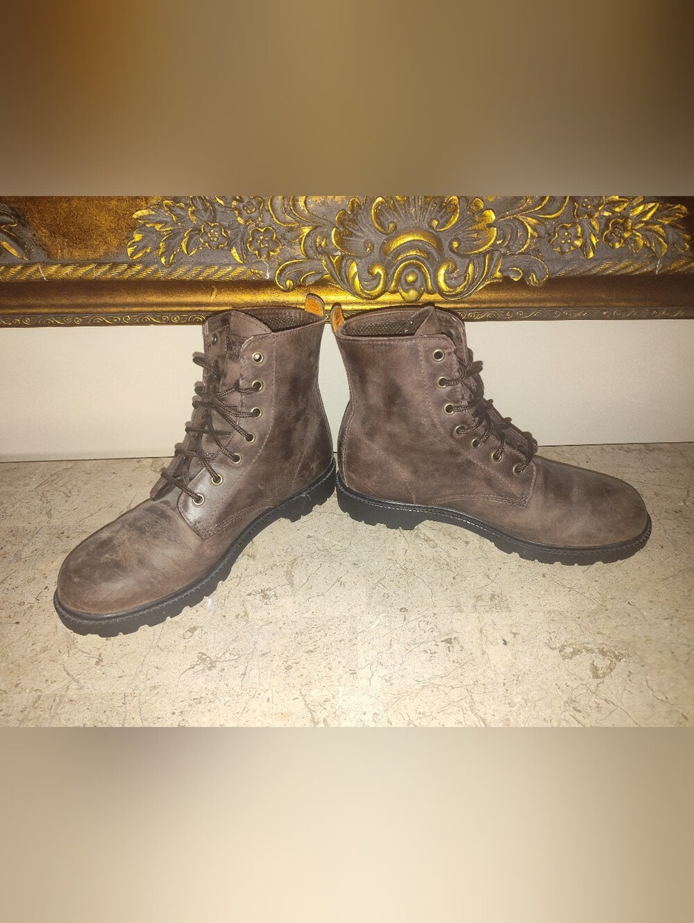 Vintage Timberland 11300 Dark Brown Leather Work Boots with Yellow Pull Tab